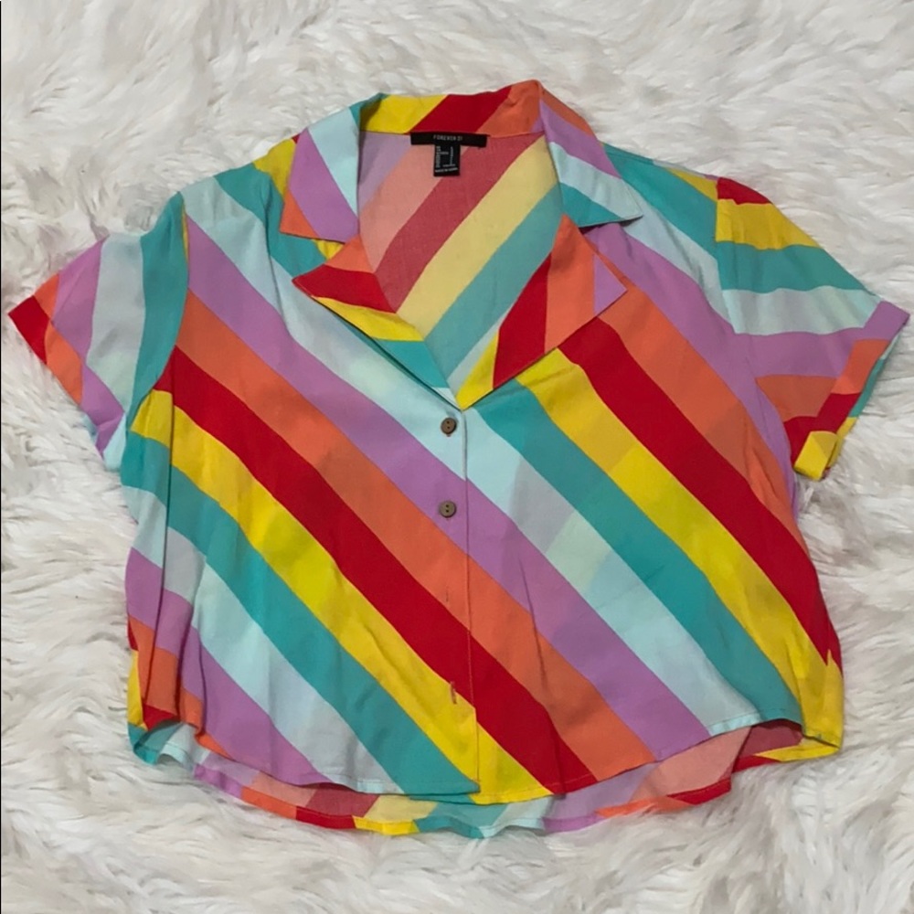 Forever 21 • Rainbow Candy Striped Cropped Button Up - Picture 5 of 12